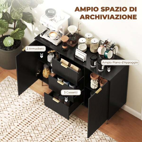 HOMCOM Credenza Moderna con 3 Cassetti, 2 Armadietti e Ripiani Regolabili, Legno e Metallo, Nero | Aosom Italy