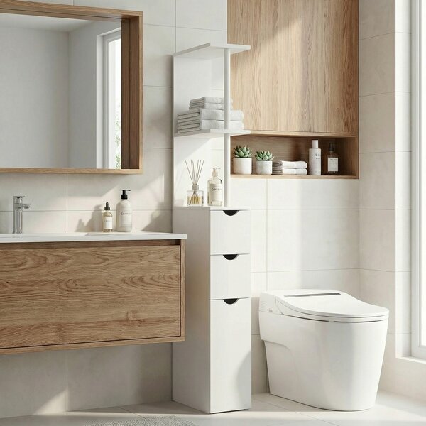 HOMCOM Mobile Colonna Bagno Salvaspazio con Armadietto, Ripiani e Cassetti, 15x33x136.8 cm, Bianco | Aosom Italy