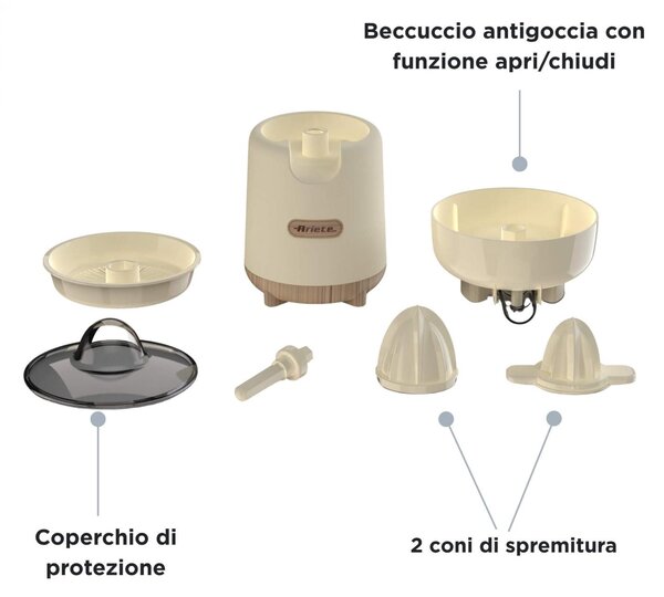 Ariete Spremiagrumi Elettrico Potenza 40 Watt Capacit Ciotola 0.5 Litri Effetto Legno con Beccuccio Antigoccia colore Beige - 00C041706AR0 Breakfa