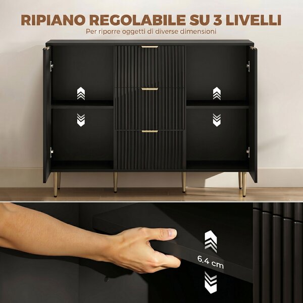 HOMCOM Credenza Moderna con 3 Cassetti, 2 Armadietti e Ripiani Regolabili, Legno e Metallo, Nero | Aosom Italy