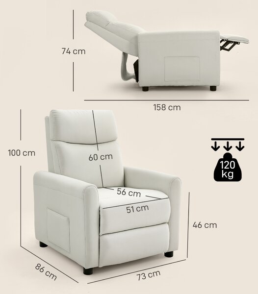 HOMCOM Poltrona Reclinabile 135° max in Tessuto Effetto Lino, Schiuma, Acciaio e Legno, 73x86x100 cm, Bianco Crema | Aosom Italy