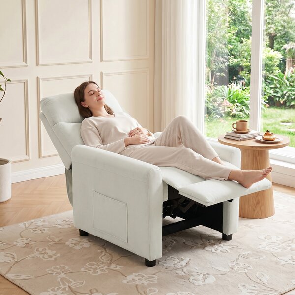 HOMCOM Poltrona Reclinabile 135° max in Tessuto Effetto Lino, Schiuma, Acciaio e Legno, 73x86x100 cm, Bianco Crema | Aosom Italy