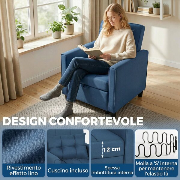 HOMCOM Poltrona Letto Pieghevole con Schienale Regolabile e Cuscino, Blu | Aosom Italy