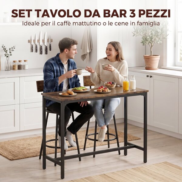 HOMCOM Set Tavolo da Bar 3 Pezzi Tavolo da Cucina Salvaspazio Marrone Rustico | Aosom Italy