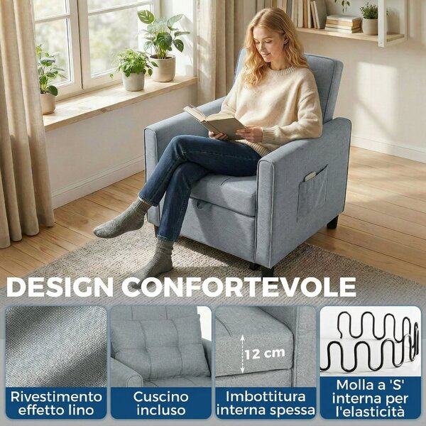 HOMCOM Divano Letto Pieghevole Convertibile con Schienale Regolabile e Cuscino, Grigio | Aosom Italy