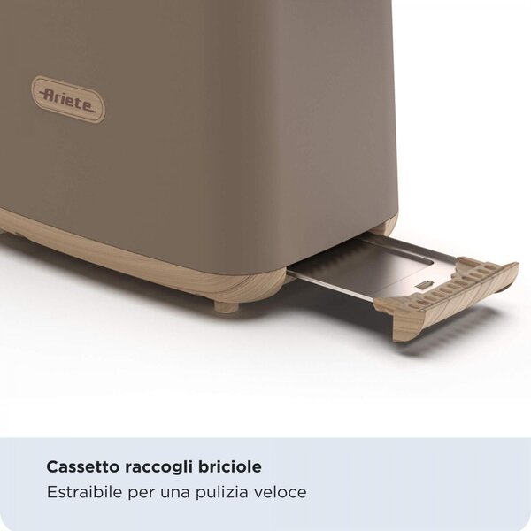 Ariete Tostapane con Pinze 2 Fette Potenza 760 Watt con 7 Livelli di Doratura colore Tortora - 00C015707AR0 Breakfast Wood