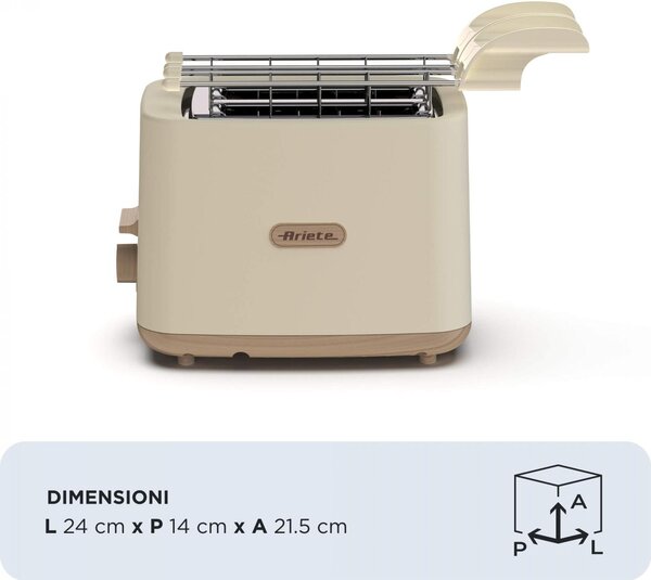 Ariete Tostapane con Pinze 2 Fette Potenza 760 Watt con 7 Livelli di Doratura colore Beige - 00C015706AR0 Breakfast Wood