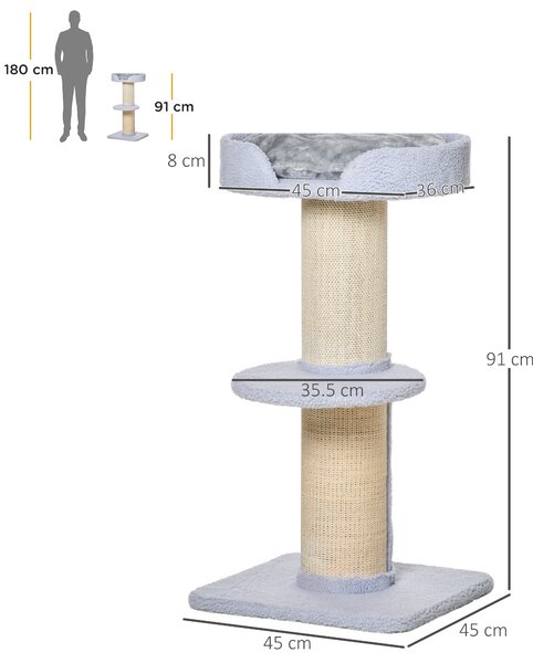 PawHut Tiragraffi per Gatti con Lettino, Rivestimento Peluche e Palo in Sisal, 45x45x91cm, Azzurro|Aosom