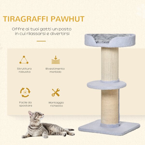 PawHut Tiragraffi per Gatti con Lettino, Rivestimento Peluche e Palo in Sisal, 45x45x91cm, Azzurro|Aosom