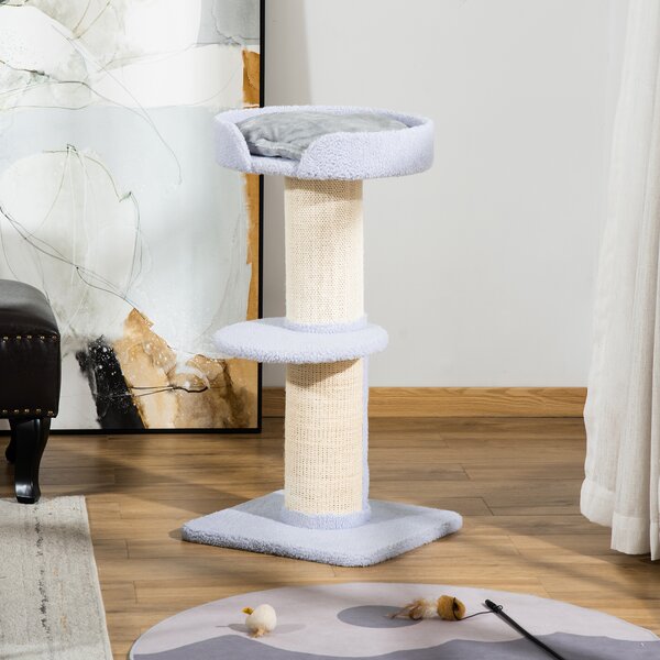 PawHut Tiragraffi per Gatti con Lettino, Rivestimento Peluche e Palo in Sisal, 45x45x91cm, Azzurro|Aosom