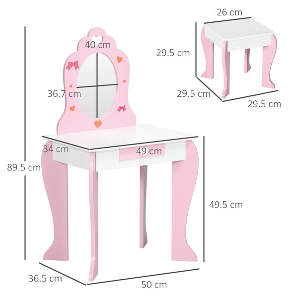 ZONEKIZ Set Tavolo Trucco con Sgabello, Specchio e Cassetto in MDF per Bimbi 3-6 Anni, Bianco e Rosa
