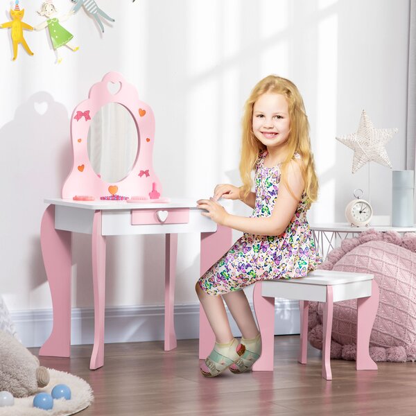 ZONEKIZ Set Tavolo Trucco con Sgabello, Specchio e Cassetto in MDF per Bimbi 3-6 Anni, Bianco e Rosa