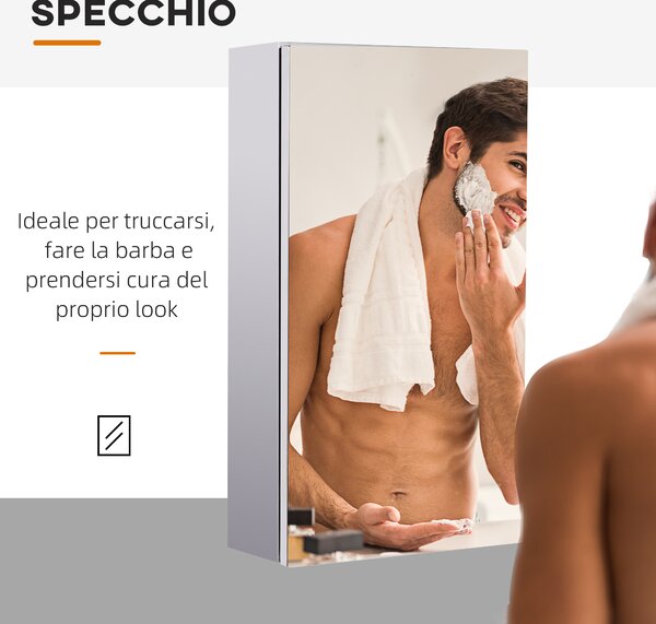 HOMCOM Specchio Contenitore Bagno con Struttura in Acciaio, Mensola Interna, Anta a Chiusura Magnetica, 55x14x30cm | Aosom