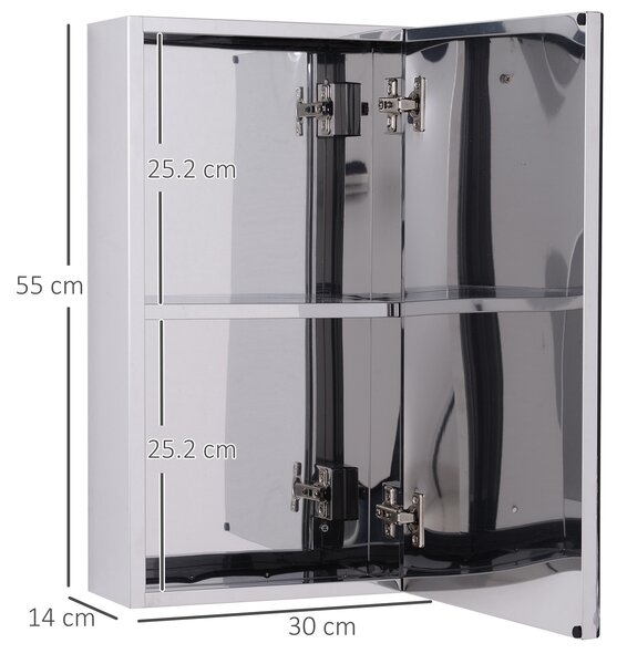 HOMCOM Specchio Contenitore Bagno con Struttura in Acciaio, Mensola Interna, Anta a Chiusura Magnetica, 55x14x30cm | Aosom