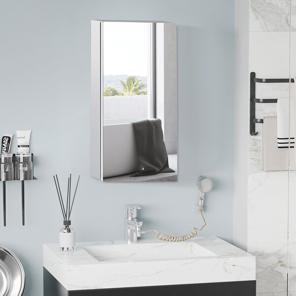 HOMCOM Specchio Contenitore Bagno con Struttura in Acciaio, Mensola Interna, Anta a Chiusura Magnetica, 55x14x30cm | Aosom