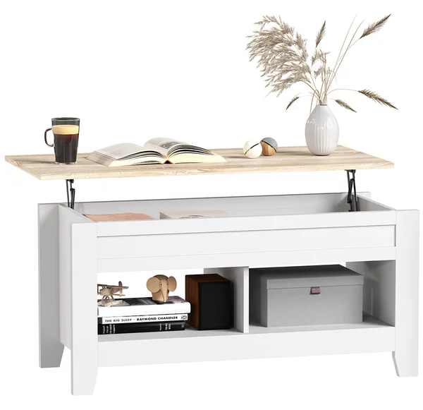 HOMCOM Tavolino con piano sollevabile e scomparto nascosto, 105 x 50 x 49-62,5 cm Bianco | Aosom Italy