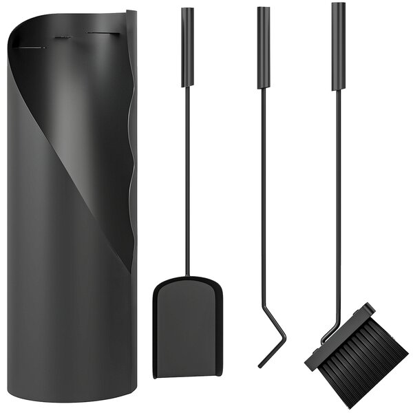 Outsunny Set utensili da camino 4 pezzi con scopa, paletta, attizzatoio e supporto, in metallo 20 x 20 x 65 cm, Nero | Aosom Italy