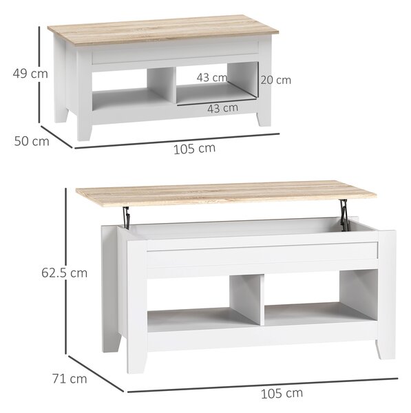 HOMCOM Tavolino con piano sollevabile e scomparto nascosto, 105 x 50 x 49-62,5 cm Bianco | Aosom Italy