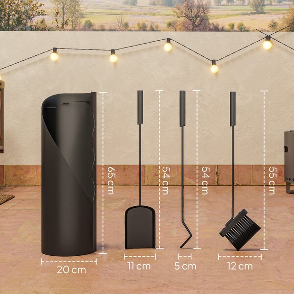 Outsunny Set utensili da camino 4 pezzi con scopa, paletta, attizzatoio e supporto, in metallo 20 x 20 x 65 cm, Nero | Aosom Italy