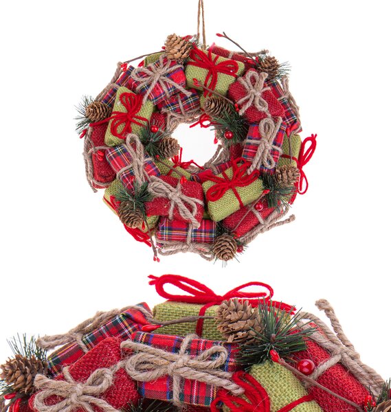 Corona Natale con Pacchi Dono Ø32 cm Scozzese