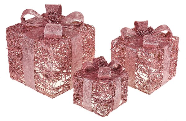 Pacchi Dono 3 Pezzi con 65 Led H25 cm in Rattan Rose