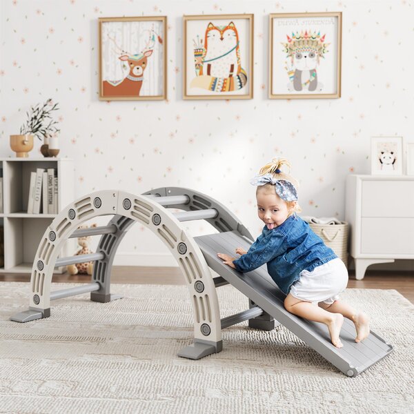 AIYAPLAY Struttura per Arrampicata, per Bambini di 18-48 Mesi, 4 in 1 con Arco di Arrampicata, Dondolo, Rampa e Scivolo 164x70x57 cm, Grigio e Bianco | Aosom Italy