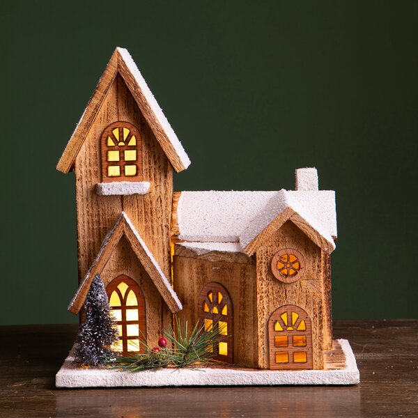 Casetta con Neve con 10 Led 31 cm in Legno e Plastica