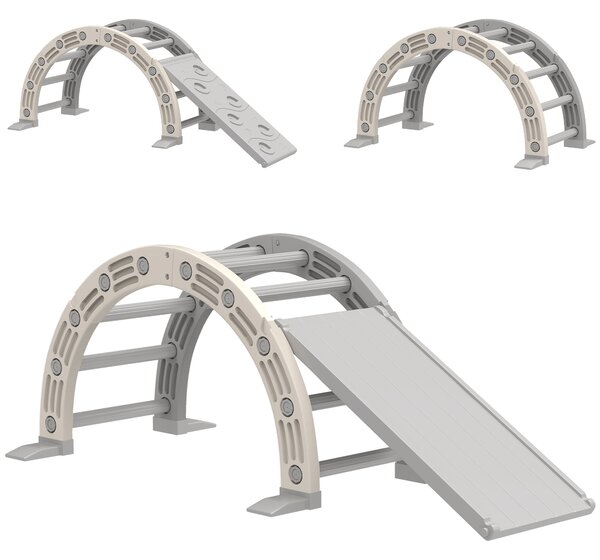 AIYAPLAY Struttura per Arrampicata, per Bambini di 18-48 Mesi, 4 in 1 con Arco di Arrampicata, Dondolo, Rampa e Scivolo 164x70x57 cm, Grigio e Bianco | Aosom Italy