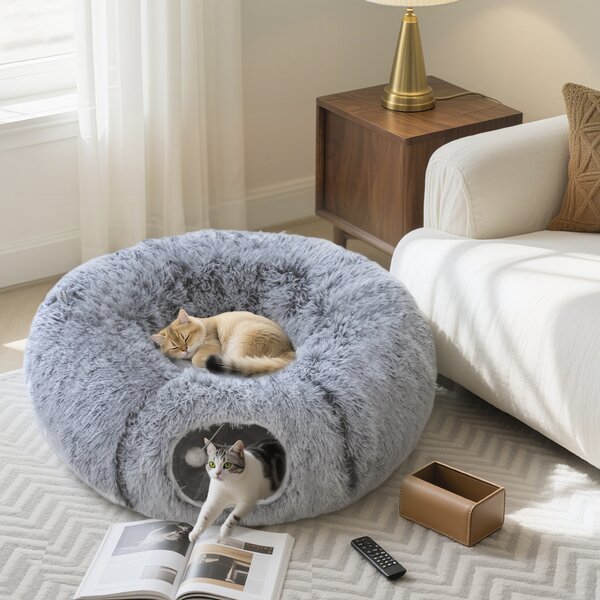 PawHut Tunnel gatto con letto ciambella e cuscino lavabile, 90x80x27 cm, Grigio chiaro | Aosom Italy