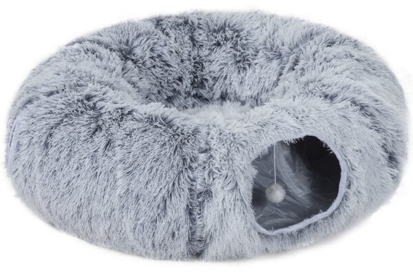 PawHut Tunnel gatto con letto ciambella e cuscino lavabile, 90x80x27 cm, Grigio chiaro | Aosom Italy
