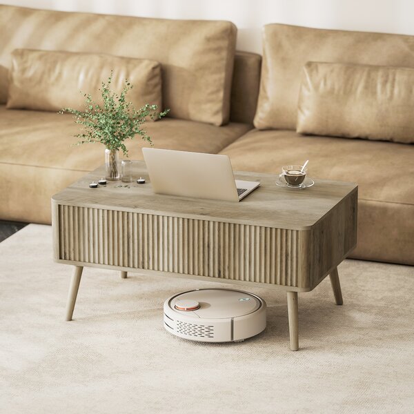 HOMCOM Tavolino da Caffè con ripiano Sollevabile, 2 Scomparti Nascosti e Gambe in Pino, 91 x 56 x 43 cm, Rovere | Aosom Italy