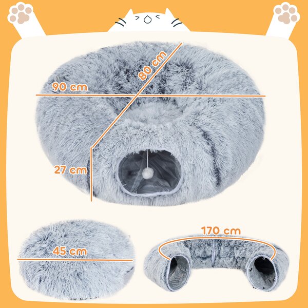 PawHut Tunnel gatto con letto ciambella e cuscino lavabile, 90x80x27 cm, Grigio chiaro | Aosom Italy