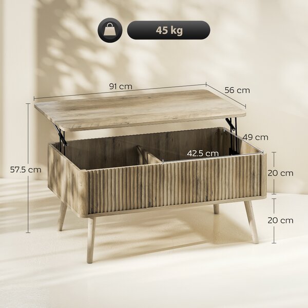 HOMCOM Tavolino da Caffè con ripiano Sollevabile, 2 Scomparti Nascosti e Gambe in Pino, 91 x 56 x 43 cm, Rovere | Aosom Italy