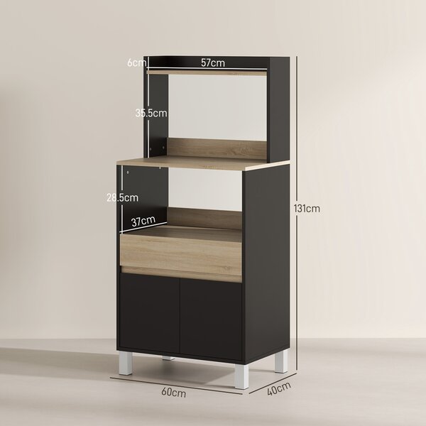 HOMCOM Mobile porta microonde con armadio, cassetto e mensola superiore, Buffet da cucina, 60 x 40 x 131 cm, Quercia e nero | Aosom Italy