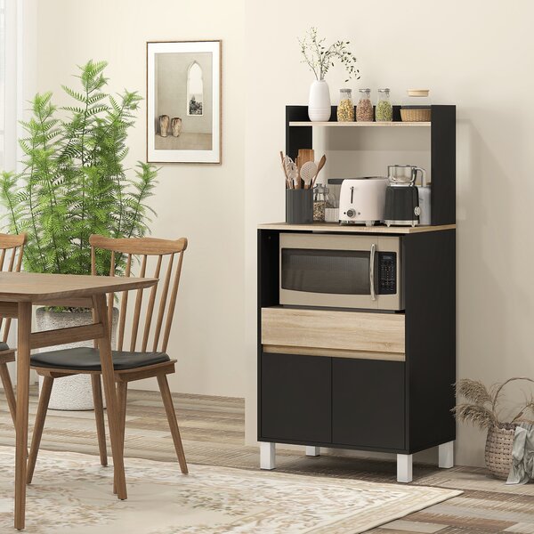HOMCOM Mobile porta microonde con armadio, cassetto e mensola superiore, Buffet da cucina, 60 x 40 x 131 cm, Quercia e nero | Aosom Italy