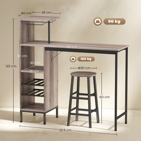 HOMCOM Set tavolo da bar 3 pezzi con ripiani, portabottiglie, portabicchieri e 2 sgabelli con poggiapiedi, Grigio | Aosom Italy