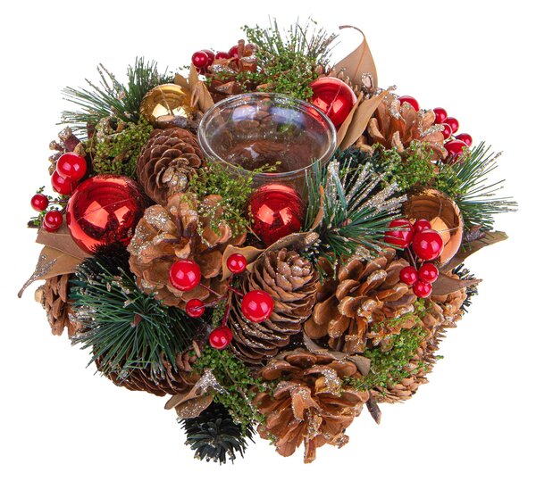 Set 2 Porta Candela con Sfere Decorative e Bacche Ø22 cm Rosso