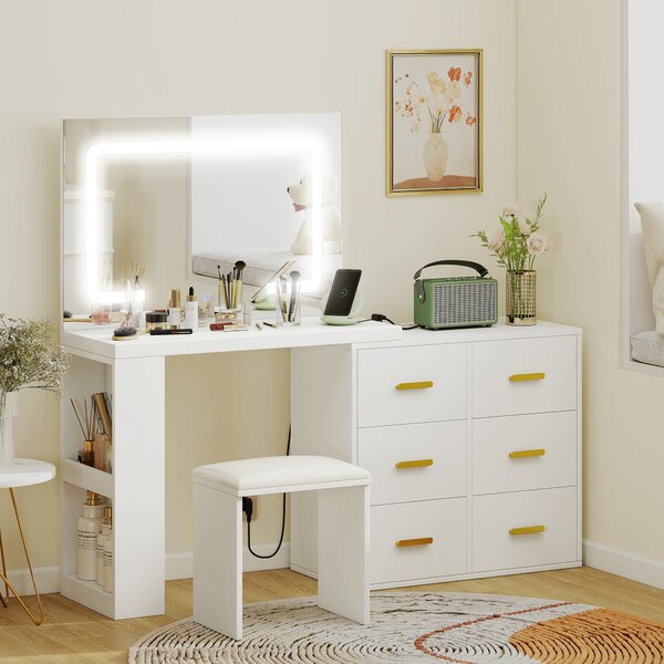 HOMCOM Tavolo da trucco con specchio e sgabello, con illuminazione LED regolabile e 6 cassetti, 118 x 78 x 135 cm, Bianco | Aosom Italy
