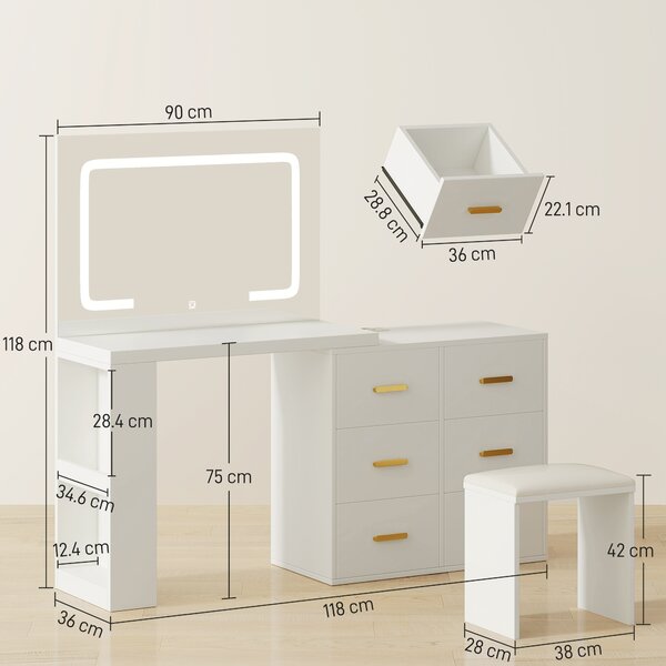 HOMCOM Tavolo da trucco con specchio e sgabello, con illuminazione LED regolabile e 6 cassetti, 118 x 78 x 135 cm, Bianco | Aosom Italy