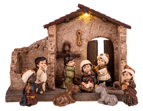 Natività 9 Personaggi con Capanna e Led 16,5 cm in Porcellana
