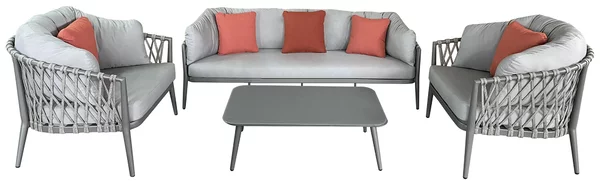 BACHATA - salotto con struttura in alluminio verniciato taupe o bianca, rivestimento in corda in pvc