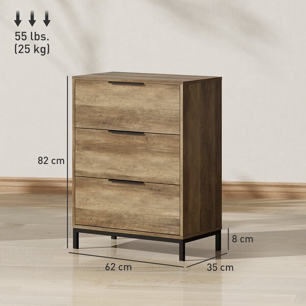 HOMCOM Cassettiera 3 Cassetti Antiribaltamento con Maniglie Nere, in Legno e Metallo, 62x35x82 cm, color Legno