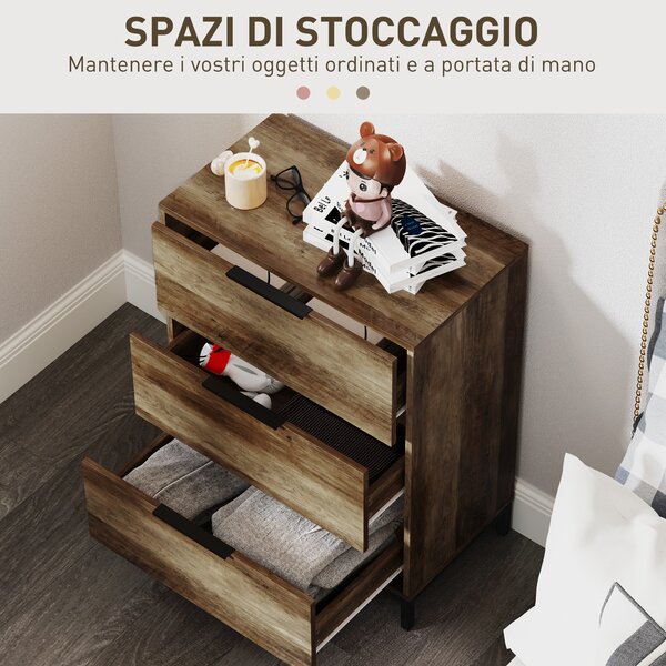 HOMCOM Cassettiera 3 Cassetti Antiribaltamento con Maniglie Nere, in Legno e Metallo, 62x35x82 cm, color Legno