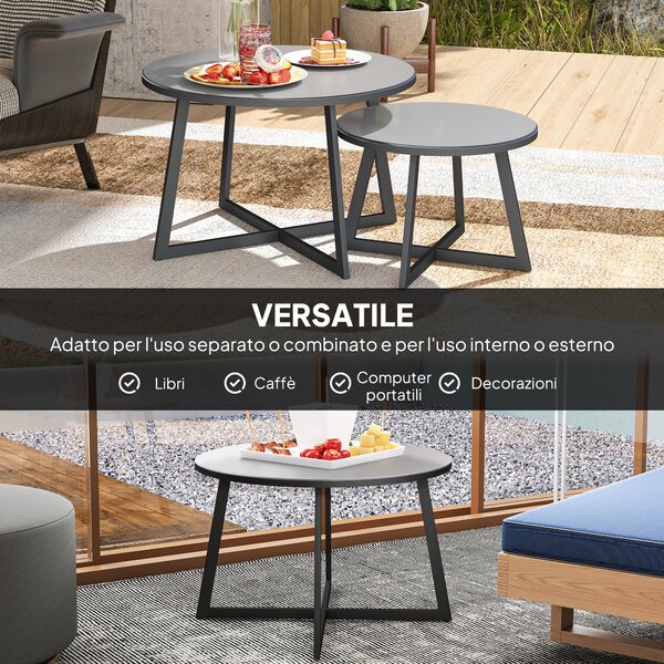 Outsunny Set 2 Tavolini per Esterni con Piano in Vetro Temperato, Ø70x45 cm e Ø50x35 cm, Grigio