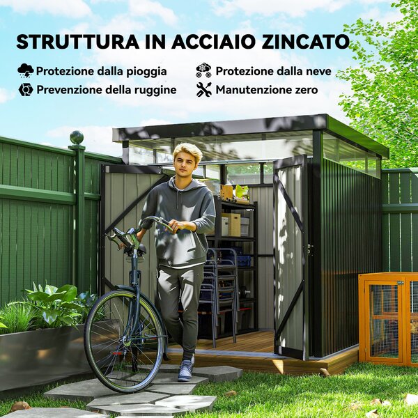 Outsunny Capanno da Giardino con Lucernario in Acrilico e Fori di Drenaggio, in Acciaio, 200x258x201 cm, Grigio Scuro
