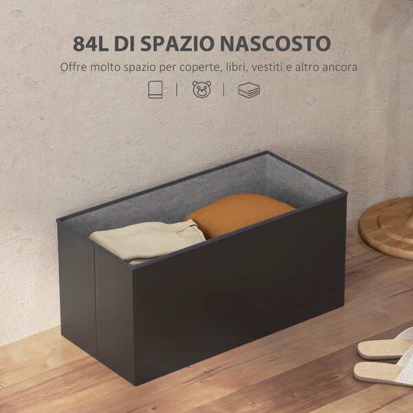 HOMCOM Panca Contenitore Pieghevole da 84L, Coperchio Imbottito e Rivestimento Finta Pelle, 76x38x38cm, Nero