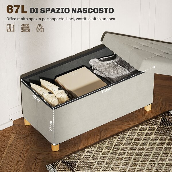 HOMCOM Panca Contenitore Pieghevole da 67L, Coperchio Imbottito e Rivestimento Vellutato, 76x38x38cm, Crema