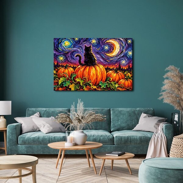 Quadro su tela – Gatto nero sulla zucca