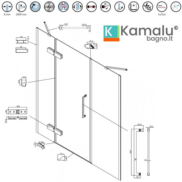 Porta doccia 130cm battente con 2 laterali finitura acciaio spazzolato | KT6000AC - KAMALU