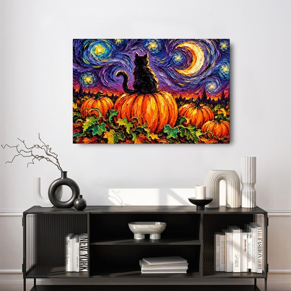 Quadro su tela – Gatto nero sulla zucca